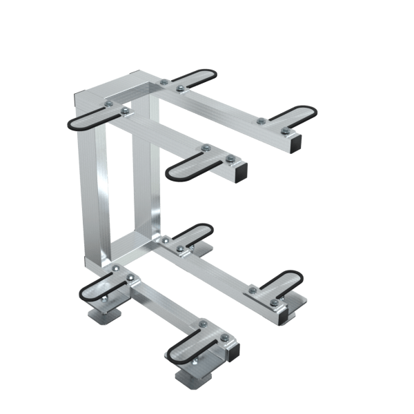 The XL Stainless Double Stacker Frame is a metal, two-tier stand with adjustable arms and black rubber grips, ideal for securely holding laptops or DJ equipment in van-mounted pure water window cleaning systems.