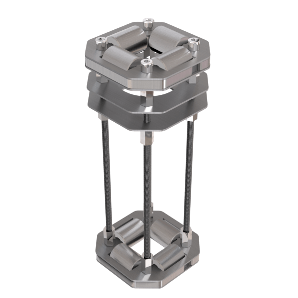 A 3D-rendered image of the PowerUP Security Pulley Through Floor Roller Guide 4-Way, featuring hexagonal plates linked by four rods and rollers at both ends, showcases a metallic design inspired by industrial window cleaning systems.