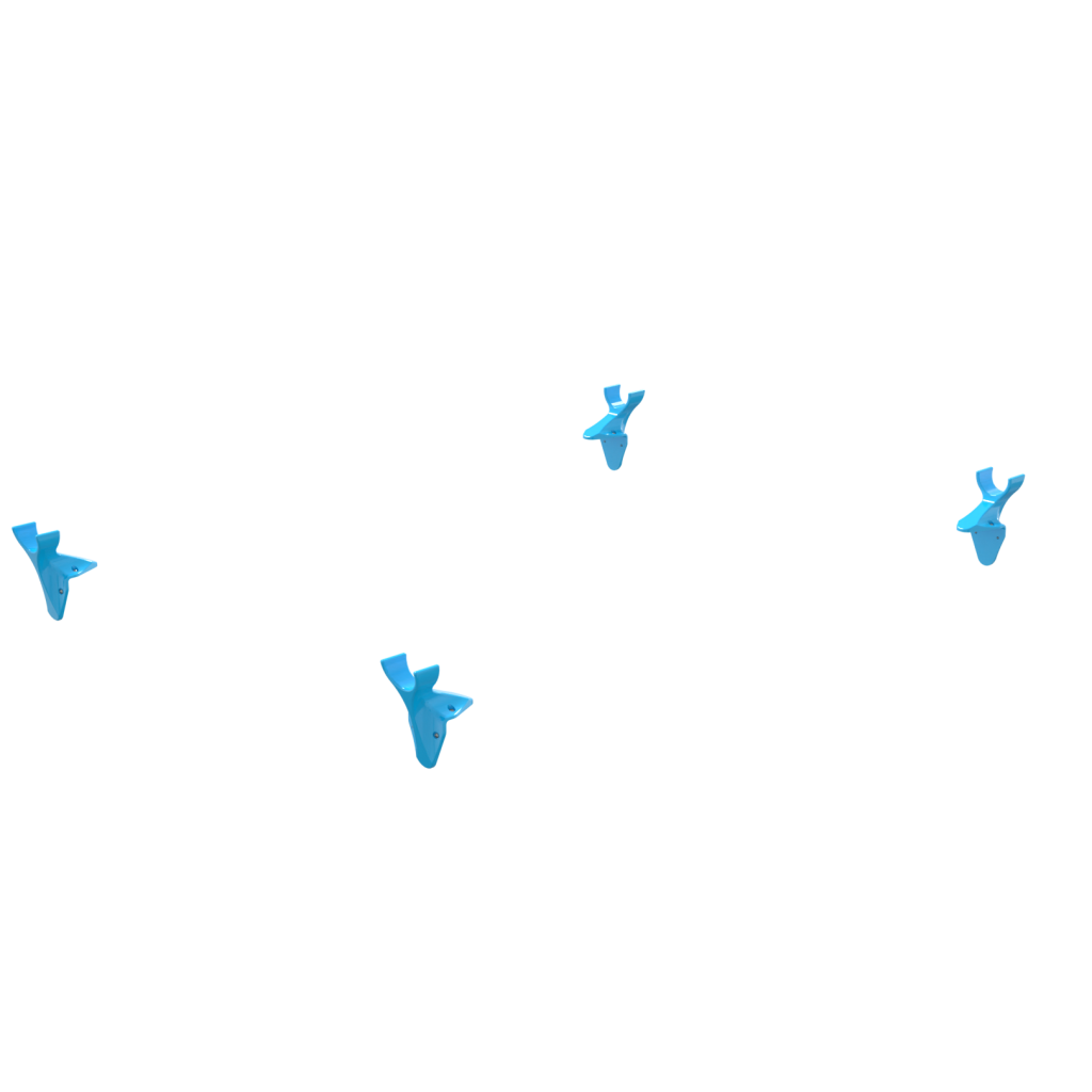 Four electric blue, abstract bird-shaped objects—Tank Mounted Pole Holsters Electric Blue—are evenly spaced against a plain white background, appearing to float in mid-air.