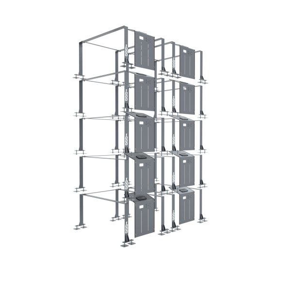A 3D digital rendering features the 10 x Ghost PowerUP 1000L Stainless Frame, Door and Fixings—multi-level metal racks with large rectangular containers for organising window cleaning system equipment, set against a plain white background.