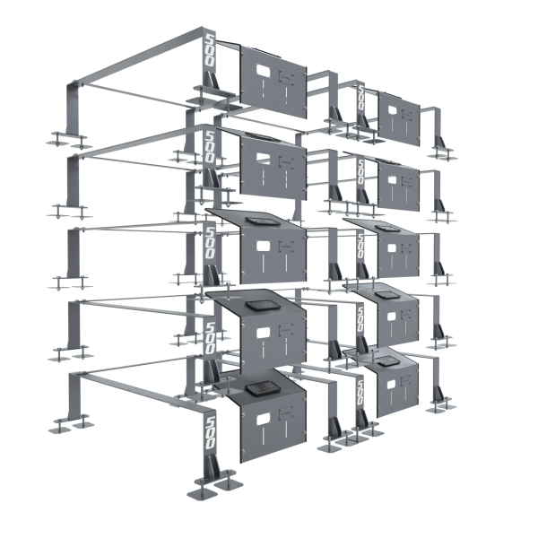 A digital rendering of the 10 x Ghost PowerUP 500L Stainless Frame, Door and Fixings shows a modular metal shelving system with stacked rectangular compartments, each labelled UNO, giving the grey design an organised industrial look.