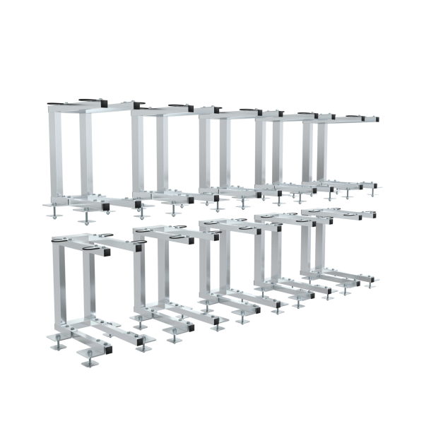 The 10 x Waterworks Stainless Double Stacker Frames feature sturdy metal brackets in two staggered rows with mounting plates, perfect for organising your Water Fed Pole System components.