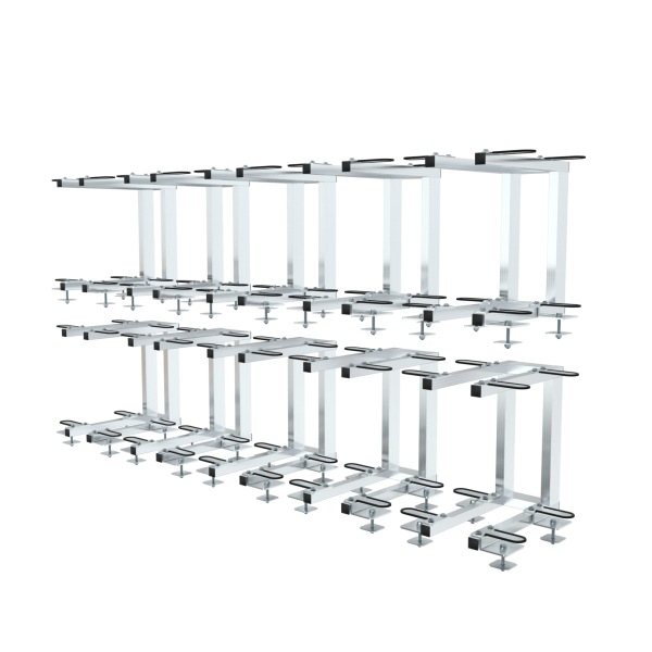 Set of 10 Waterworks XL Stainless Double Stacker Frames with clamps and black rubberised grips, arranged in rows—perfect for securing components of a Water Fed Pole System.