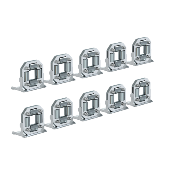 Ten PowerUP Heavy Duty Stainless Hose Guides are arranged in two rows on a white background, perfect for securing components of a WFP System or other window cleaning system set-ups.