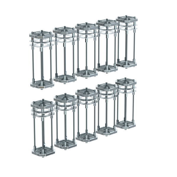 Ten identical PowerUP Security Pulley Through Floor Roller Guides are arranged in two rows of five against a plain white background, resembling components of a professional window cleaning system.