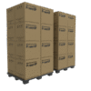 Two pallets with cardboard boxes labelled Waterworks Manual Hose Reel LHW or RHW, compatible with any Window Cleaning System, are neatly stacked in columns on black plastic pallets against a plain, light background.