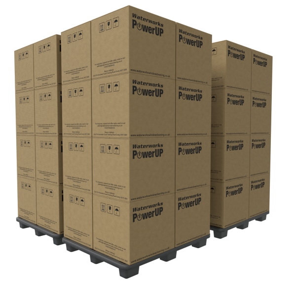 Three pallets stacked with brown boxes labelled "Waterworks Manual Hose Reels LHW or RHW" are ready for distribution. The pallets are neatly arranged on a plain, light background.