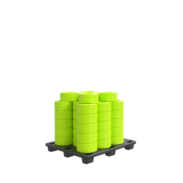 A black pallet holds several neat stacks of 50 x Hi-Vis Yellow Premium Griflex Hose 6.3mm x 100M, arranged in rows against a plain white background—ideal for organising Window Cleaning System accessories.