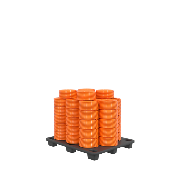 Stacks of 50 Hi-Vis Orange Griflex Premium Hoses (6.3mm x 100m) are neatly arranged on a black pallet against a plain white background, reflecting organised efficiency.