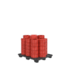 A black pallet holds multiple tall stacks of 50 x Red Griflex Premium Hose 6.3mm x 100M, neatly arranged in rows against a plain white background, showcasing organised product storage.
