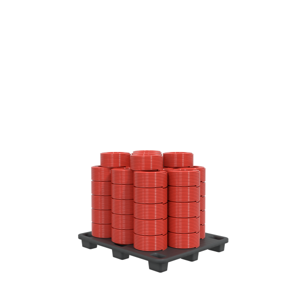 A black pallet holds multiple tall stacks of 50 x Red Griflex Premium Hose 6.3mm x 100M, neatly arranged in rows against a plain white background, showcasing organised product storage.