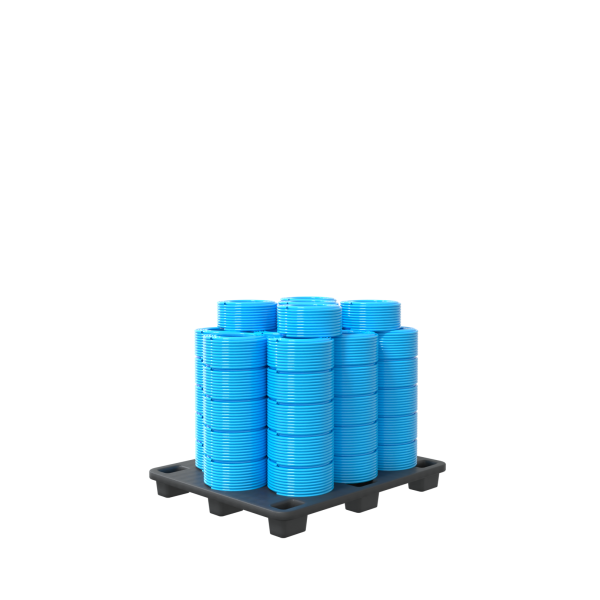 A black pallet holds multiple stacks of 50 x Electric Blue Griflex Premium Hose 6.3mm x 100M, typically used in van-mounted pure water window cleaning systems, neatly arranged against a plain white background.