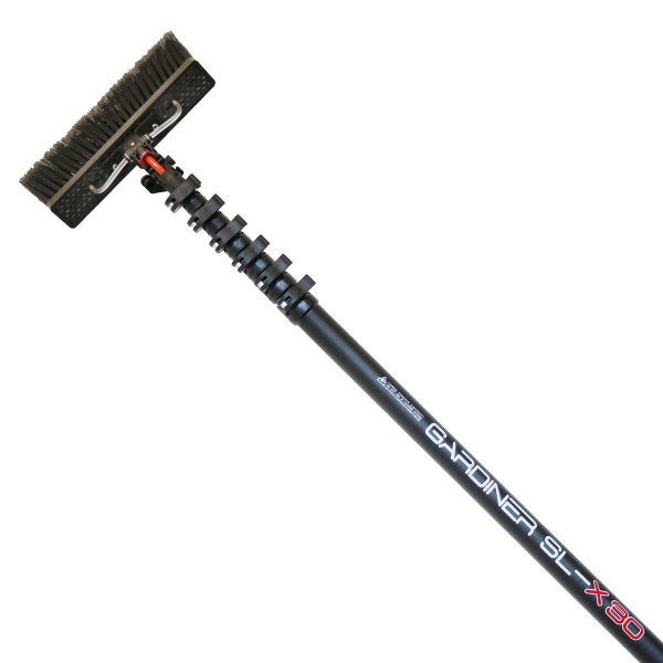 The SLX™ Carbon Fibre Pole - SLX 30 is a black telescopic pole with a wide brush featuring bristles and angle adjustment, perfect for efficiently and safely cleaning high surfaces such as windows.